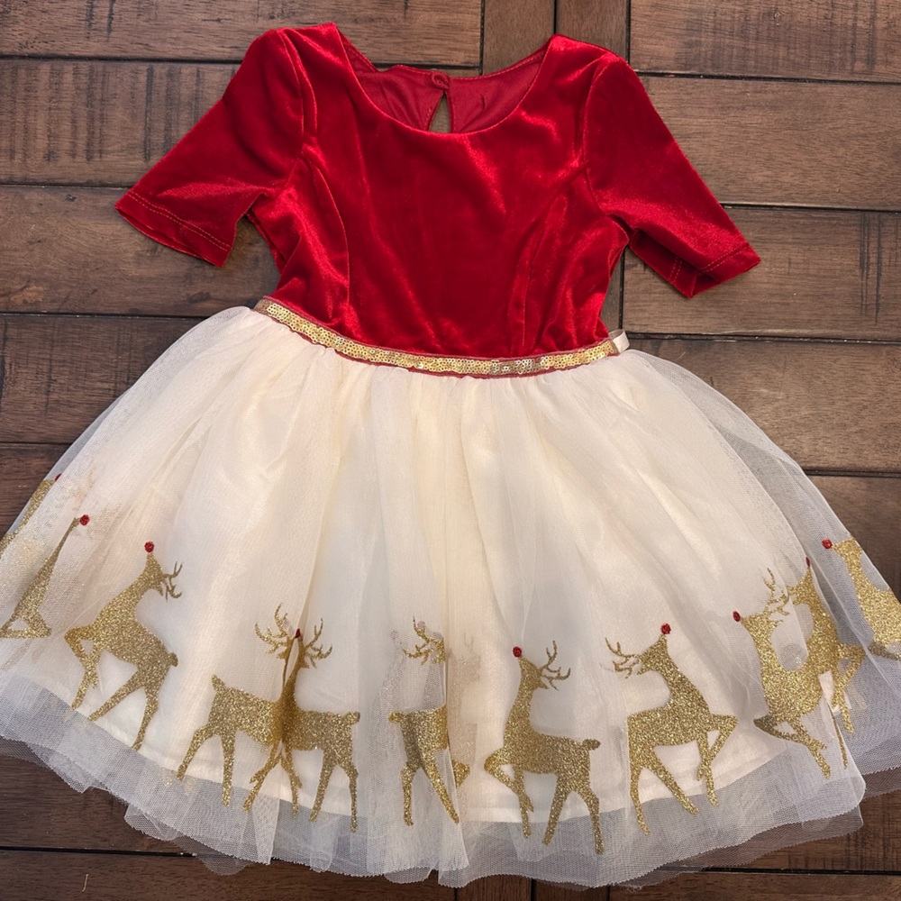 Red and Gold Reindeer Girls Christmas Dress (2T)
